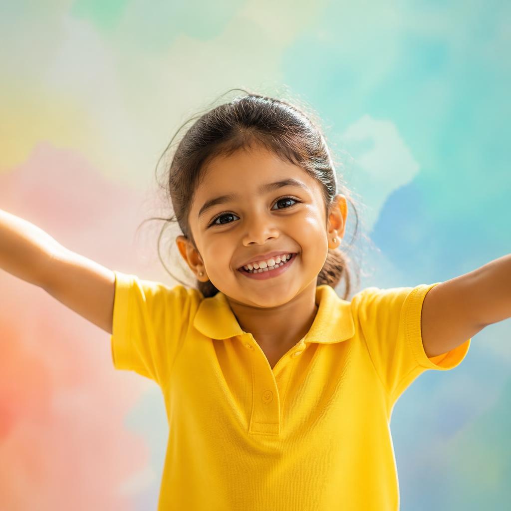 A joyful child welcoming you to Kidzee Jitshree